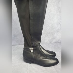 MK Leather Tall Boots Ankle Strap Silver Padlock Medallion Side Zip Riding 8.5M
